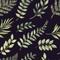 Spring watercolor seamless pattern. Botanical background with eucalyptus, branches, fern and leaves. Greenery illustration. Royalty Free Stock Photo