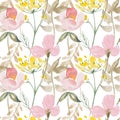 Spring watercolor seamless pattern botanical wildflowers. Background banner.