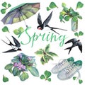 Spring watercolor set umbrella, flower, green leaves, sneakers, bird swallow, sprout, lettering word isolated on white