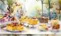 Spring watercolor still-life in the garden with cakes and sweets desserts, generative ai