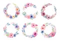 Spring watercolor style flowers wreaths. Isolated cartoon floral wreath with blossom branches and greenery. Decorative