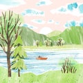 Spring watercolor vector landscape with fisherman on boat, trees, sunrise and mountains. Fishing in the river. Cute vector