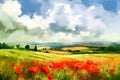 Beautiful watercolor spring landscape with blooming red poppies in green meadows with dramatic blue sky with clouds Royalty Free Stock Photo