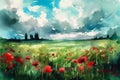 Beautiful watercolor spring landscape with blooming red poppies in green meadows with dramatic blue sky with clouds Royalty Free Stock Photo
