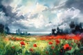 Beautiful watercolor spring landscape with blooming red poppies in green meadows with dramatic blue sky with clouds Royalty Free Stock Photo