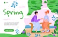 Spring website template with couple in park flat cartoon vector illustration.