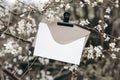 Spring wedding stationery mockup. Blank greeting, birthday invitation card, craft envelope with black metal bulldog clip Royalty Free Stock Photo