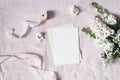 Spring, wedding stationery mockup scene. Bouquet of baby`s breath Gypsophila, hyacinth and matthiola flowers on pink