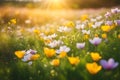 Spring wildflower field in beautiful sunlight. flowers and grass in a countryside at sunset time Royalty Free Stock Photo