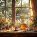 Spring, Window with cup of tea, flowers and decors. Generative AI