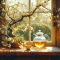 Spring, Window with cup of tea, flowers and decors. Generative AI