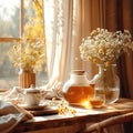 Spring, Window with cup of tea, flowers and decors. Generative AI