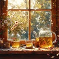 Spring, Window with cup of tea, flowers and decors. Generative AI