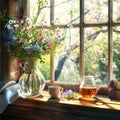 Spring, Window with cup of tea, flowers and decors. Generative AI