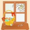 Spring window with Easter basket vector Royalty Free Stock Photo