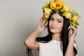 Spring Woman. Beauty Summer woman with colorful flowers wreath. Beautiful Lady with Blooming flowers on her head. Nature Royalty Free Stock Photo