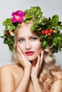 Spring Woman. Beauty Summer model girl with colorful flowers wreath. Royalty Free Stock Photo