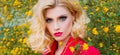 Spring woman face for banner. Beauty High Fashion Model Girl with blonde hair style. Vivid Make up. Beautiful Model