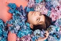 Spring woman with hydrangea flowers. Makeup cosmetics and skincare. Summer beauty. Fashion portrait of woman. Healthy