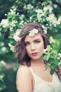 Spring woman portrait. Perfect young model on spring flowers and green leaves background outdoor Royalty Free Stock Photo