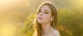 Spring woman on sunlight romantic portrait, sensual sunny face. Banner for website header. Natural female beauty. Young