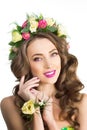 Spring woman. Young Girl with flowers. Beautiful model, wreath Royalty Free Stock Photo