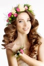 Spring woman Young Girl flowers Beautiful model wreath bracelet Royalty Free Stock Photo