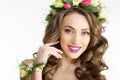 Spring woman Young Girl flowers Beautiful model wreath bracelet Royalty Free Stock Photo