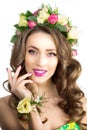 Spring woman Young Girl flowers Beautiful model wreath bracelet Royalty Free Stock Photo