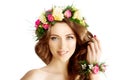 Spring woman Young Girl flowers Beautiful model wreath bracelet Royalty Free Stock Photo