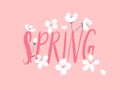 Spring word decorated with white tree flowers on pink background. Cherry blossom card vector illustration. Royalty Free Stock Photo