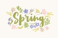 Spring word handwritten with elegant cursive calligraphic font and surrounded by beautiful blooming flowers and leaves Royalty Free Stock Photo