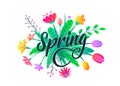 Spring word vector background with flat minimal flowers, leaves isolated on white. Floral springtime graphic design