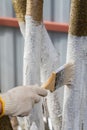 Spring work in the garden. Whitewashing of trees in spring. The young tree is whitewashed