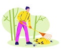 Spring work in the garden. The woman rakes the foliage with a rake. Seasonal gardening concept. Vector illustration in