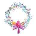 Spring wreath and branches with leaves and flowers. Pink bow Watercolor Royalty Free Stock Photo