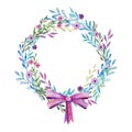 Spring wreath and branches with leaves and flowers. Pink bow Watercolor Royalty Free Stock Photo
