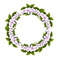 Spring wreath cherry blossom circle frame, border decoration with flowers and leaves in cartoon style isolated on white