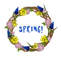 Spring wreath. Easter decoration. Sprigs of flowers and palm leaves. Palm Sunday. Religion. Christianity