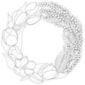 Spring wreath with flowers. Hand drawn floral frame with flowers, branch and leaves.