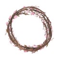 Pink pussy willow wreath watercolor with spring branch isolated on white. Hand drawing Easter illustration for design Royalty Free Stock Photo