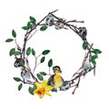 A spring wreath of young branches, duckling, feathers, and bird eggs hand-painted in watercolor on a white background.