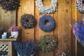 Spring wreaths of dried flowers at the decoration and flower shop Royalty Free Stock Photo