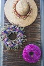 Spring wreaths of dried flowers at the decoration and flower shop