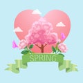 Spring written ribbon, card red heart, pink tree, expression love, romantic Valentine, design cartoon style vector Royalty Free Stock Photo