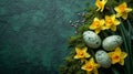 Spring Yellow Daffodils with Naturally Dyed Easter Eggs on Moss Green Background AI Generated Royalty Free Stock Photo