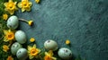 Spring Yellow Daffodils with Naturally Dyed Easter Eggs on Moss Green Background AI Generated Royalty Free Stock Photo