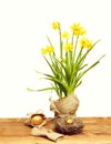 Spring yellow narcissus, golden easter egg in burlap sack Royalty Free Stock Photo