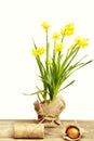 Spring yellow narcissus, golden easter egg and thread or rope Royalty Free Stock Photo