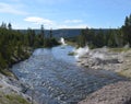 Spring in Yellowstone: Mortar Geyser and Fan Geyser of the Morning Glory Group on the Bank of Firehole River in Upper Geyser Basin